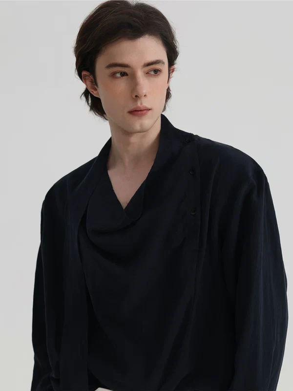 Draped Asymmetrical Placket Ribbon Shirt - Image 3