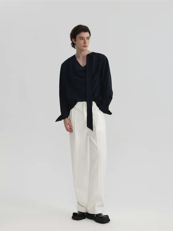 Draped Asymmetrical Placket Ribbon Shirt - Image 4