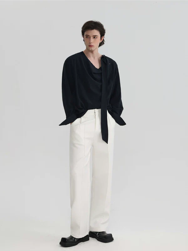 Draped Asymmetrical Placket Ribbon Shirt - Image 5
