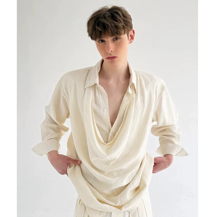 Draped Neck Long Sleeve Loose Shirt
