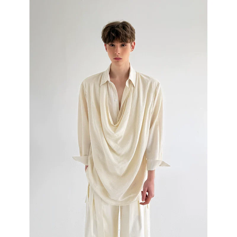 Draped Neck Long Sleeve Loose Shirt - Image 2
