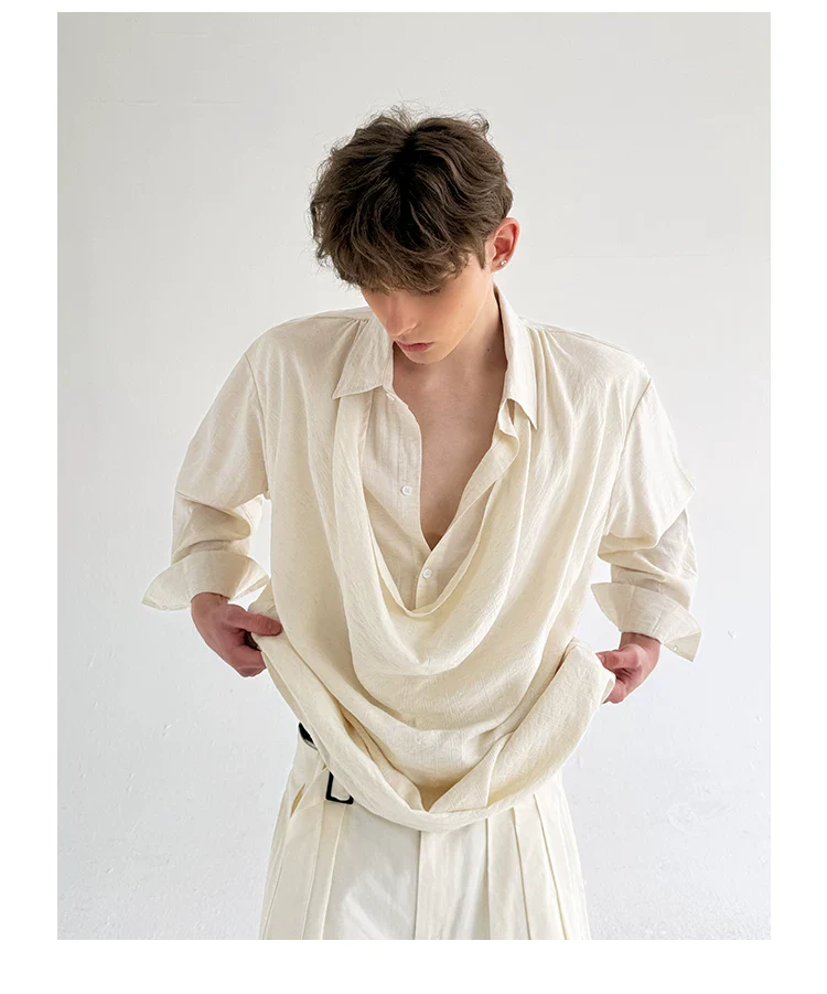 Draped Neck Long Sleeve Loose Shirt - Image 3