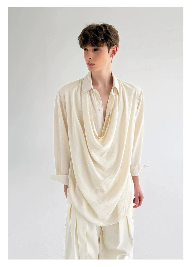 Draped Neck Long Sleeve Loose Shirt - Image 4