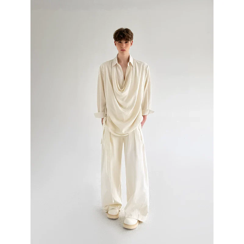 Draped Neck Long Sleeve Loose Shirt - Image 7