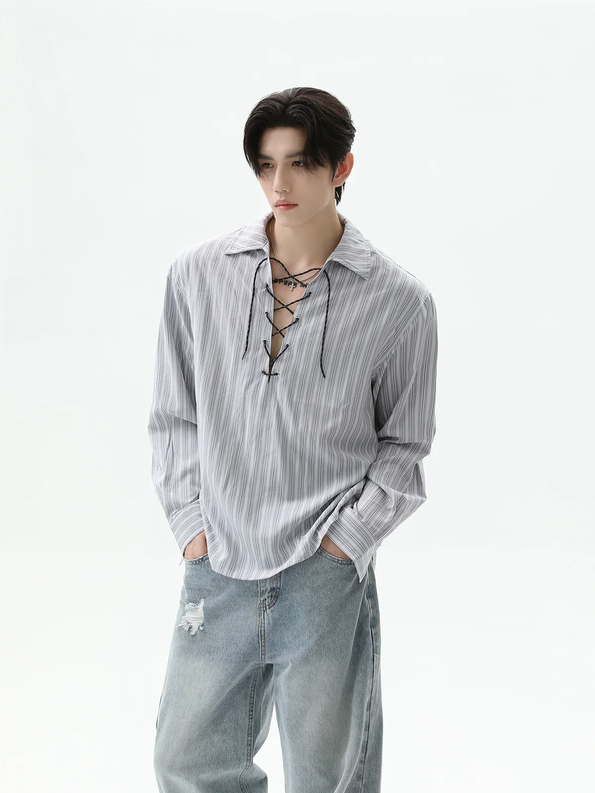 Drawstring Striped Long Sleeve Polo Shirt - Image 2