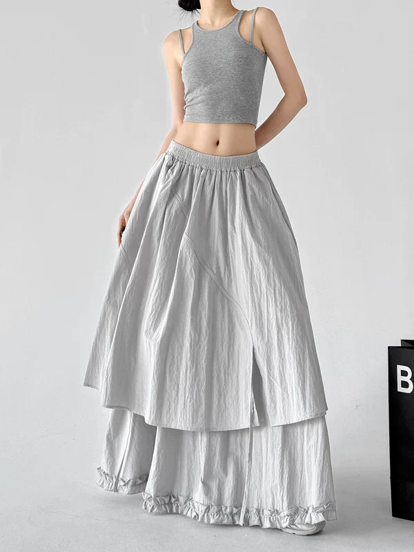 Elastic Waist Layered A-Line Maxi Skirt - Image 3