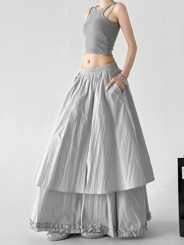 Elastic Waist Layered A-Line Maxi Skirt - Image 4