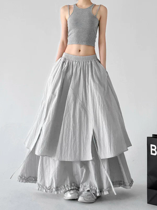 Elastic Waist Layered A-Line Maxi Skirt - Image 5