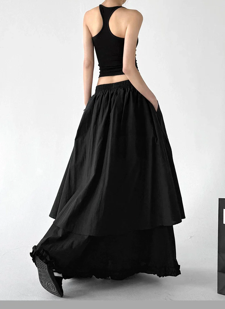 Elastic Waist Layered A-Line Maxi Skirt - Image 7