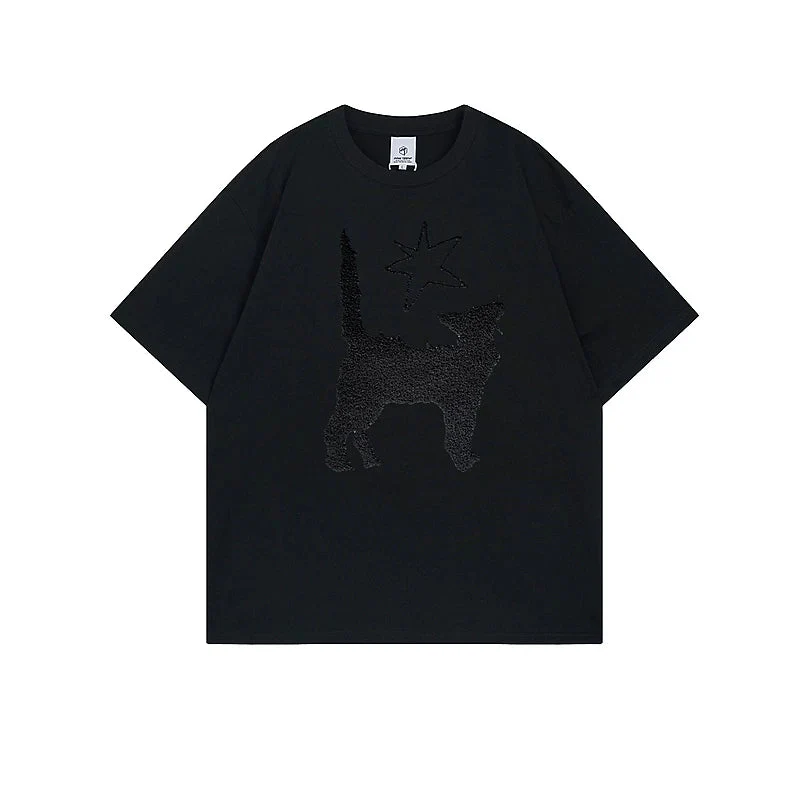 Embroidered Dog Graphic Crew Neck T-Shirt - Image 2
