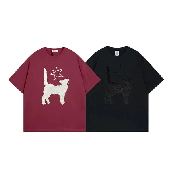 Embroidered Dog Graphic Crew Neck T-Shirt - Image 3