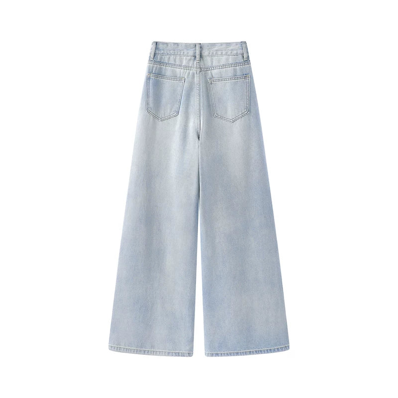 Embroidered Floral Wide Leg Denim Pants - Image 2