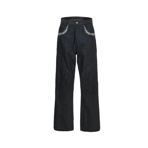 Embroidered Raw Denim Flared Jeans