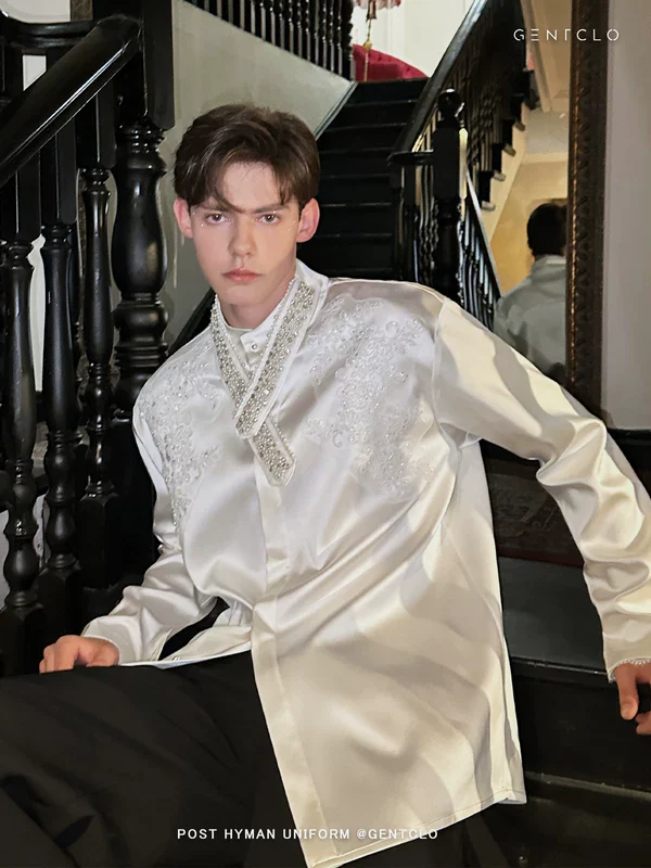 Embroidered Satin Stand Collar Shirt - Image 2