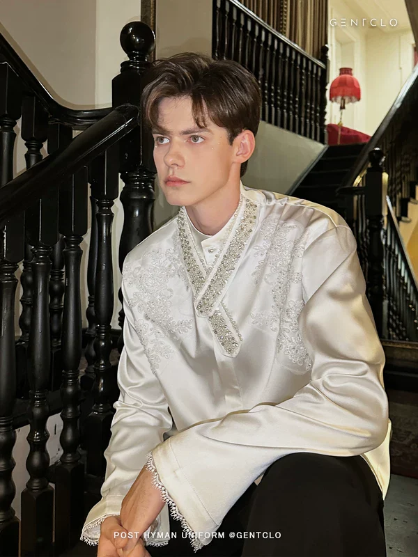 Embroidered Satin Stand Collar Shirt - Image 3