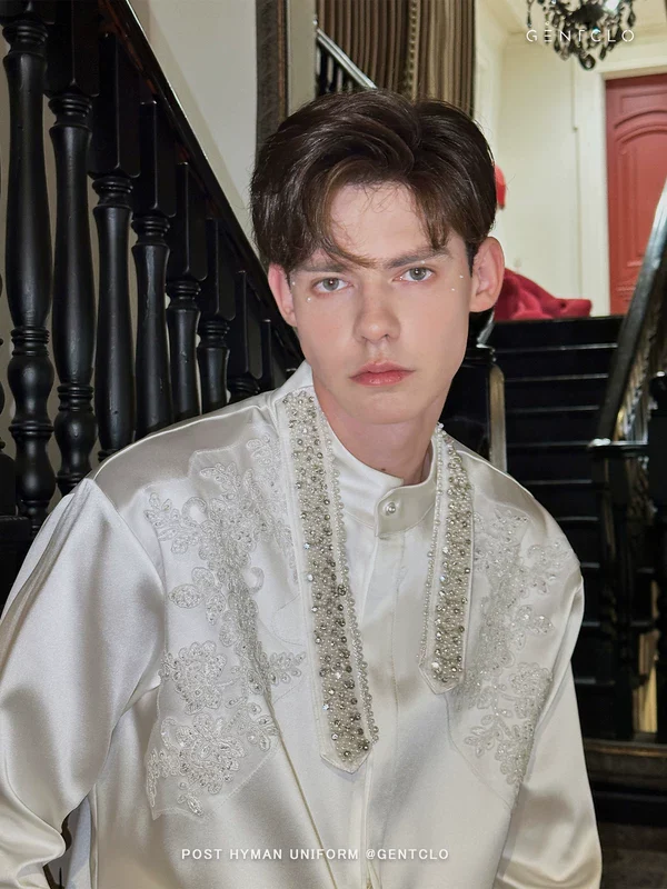 Embroidered Satin Stand Collar Shirt - Image 4