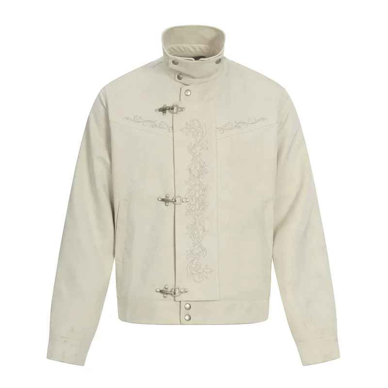 Embroidered Stand Collar Leather Jacket - Image 12