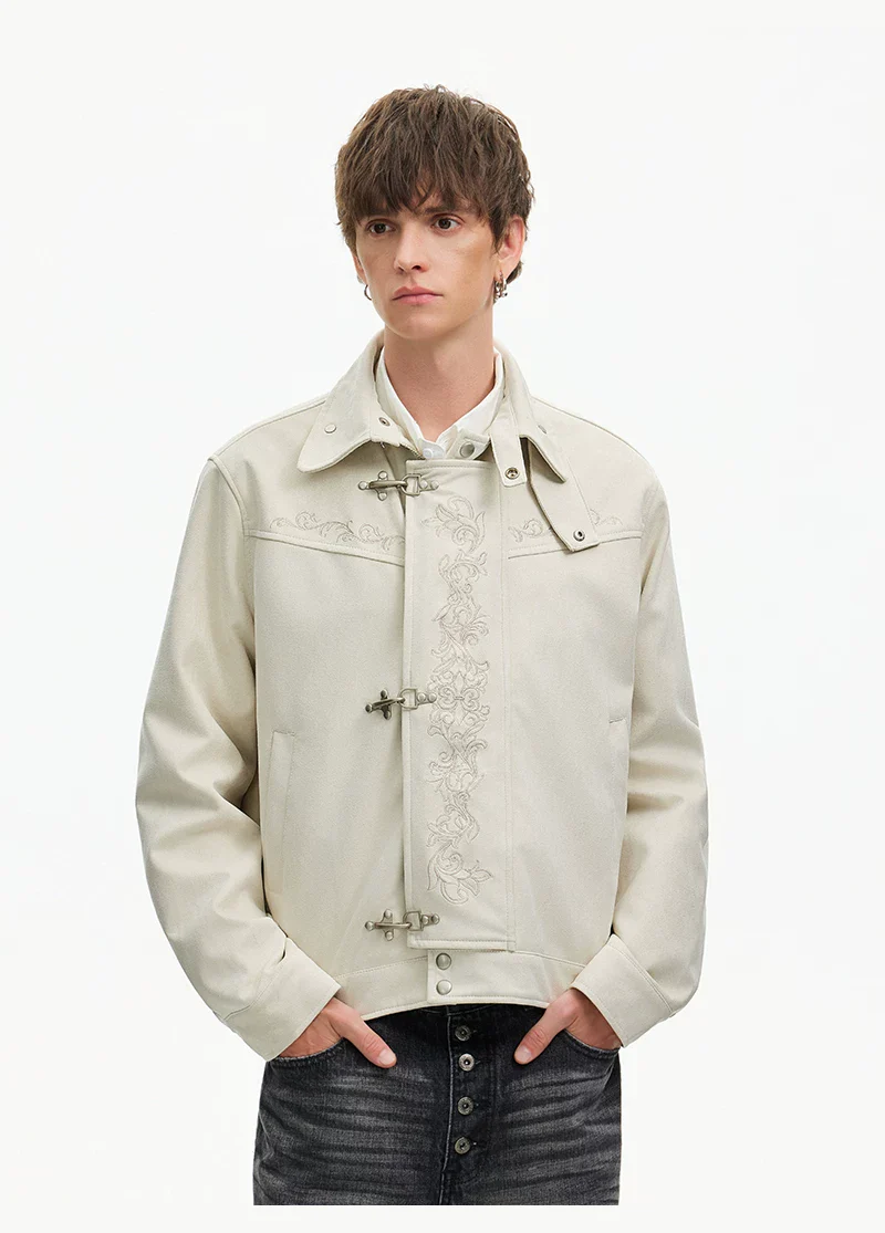 Embroidered Stand Collar Leather Jacket - Image 3