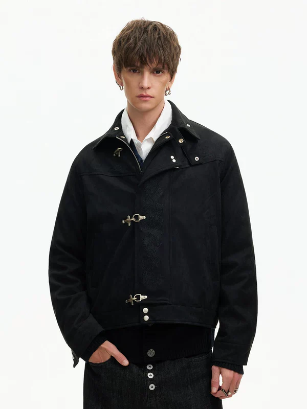 Embroidered Stand Collar Leather Jacket - Image 4