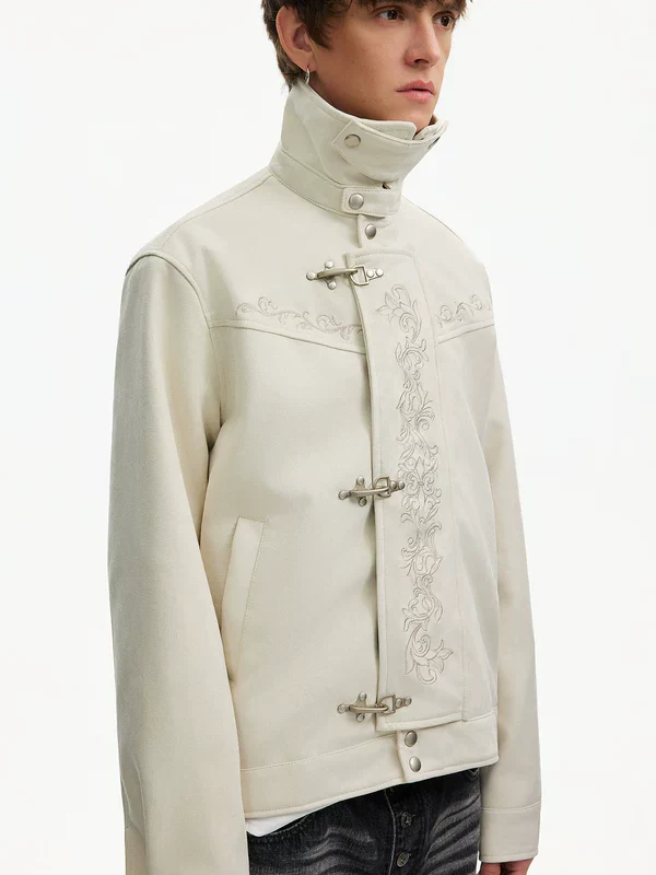 Embroidered Stand Collar Leather Jacket - Image 9