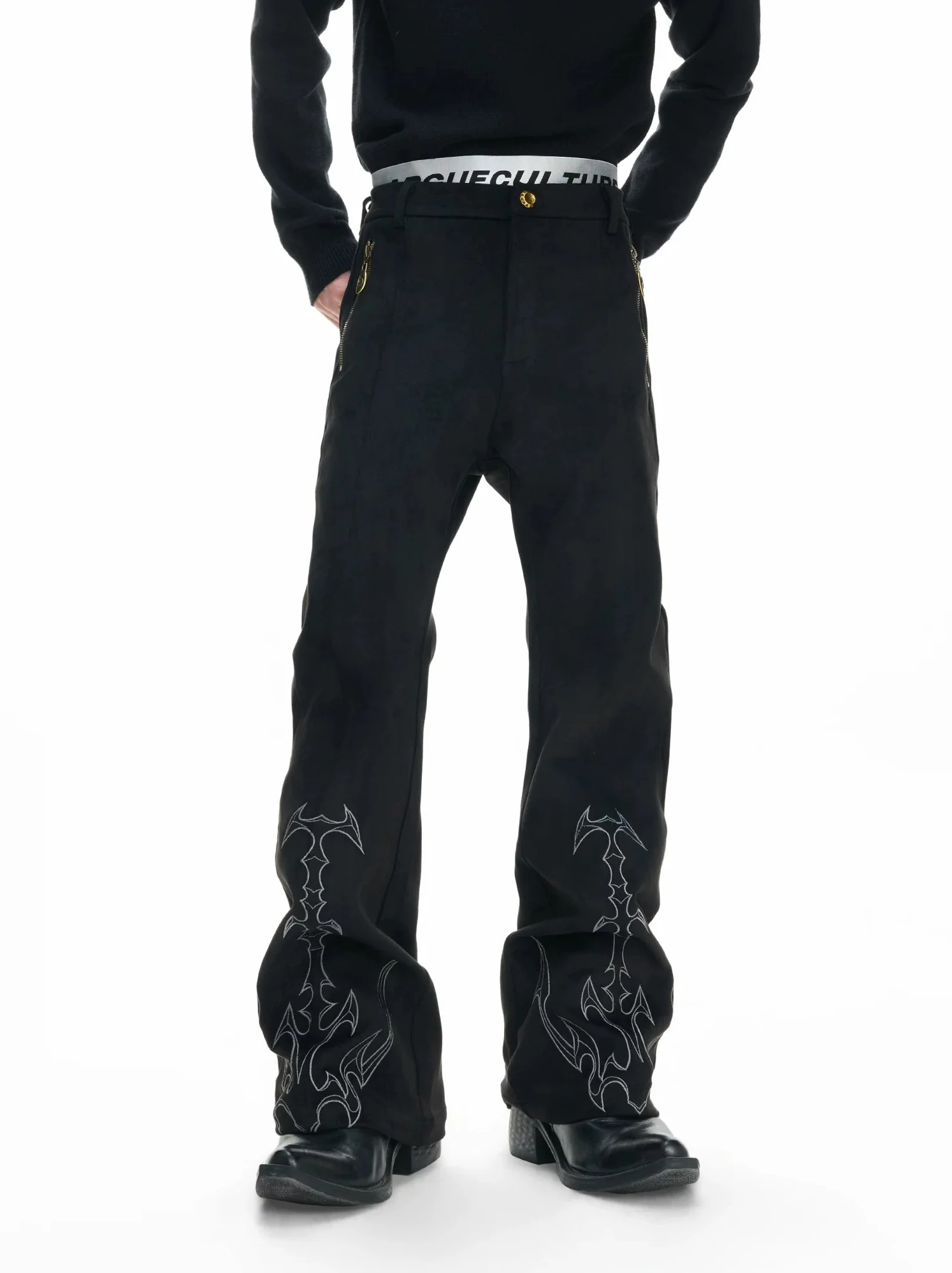 Embroidered Thorn Pattern Straight Leg Pants - Image 3