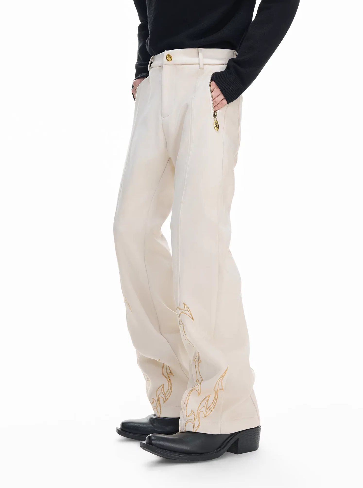 Embroidered Thorn Pattern Straight Leg Pants - Image 4