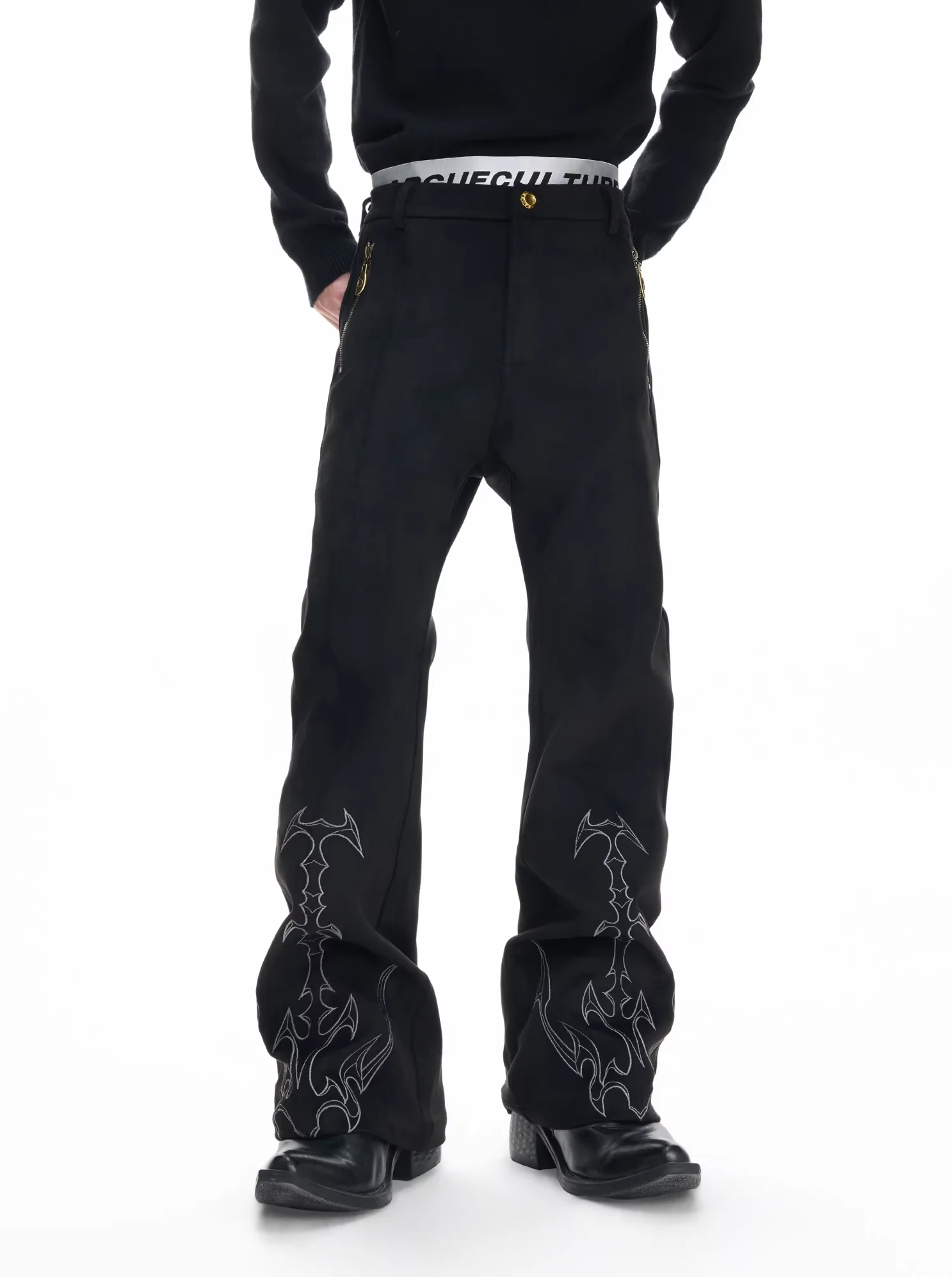 Embroidered Thorn Pattern Straight Leg Pants - Image 7