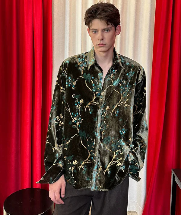 Embroidered Velvet Floral Chinese Style Shirt - Image 2