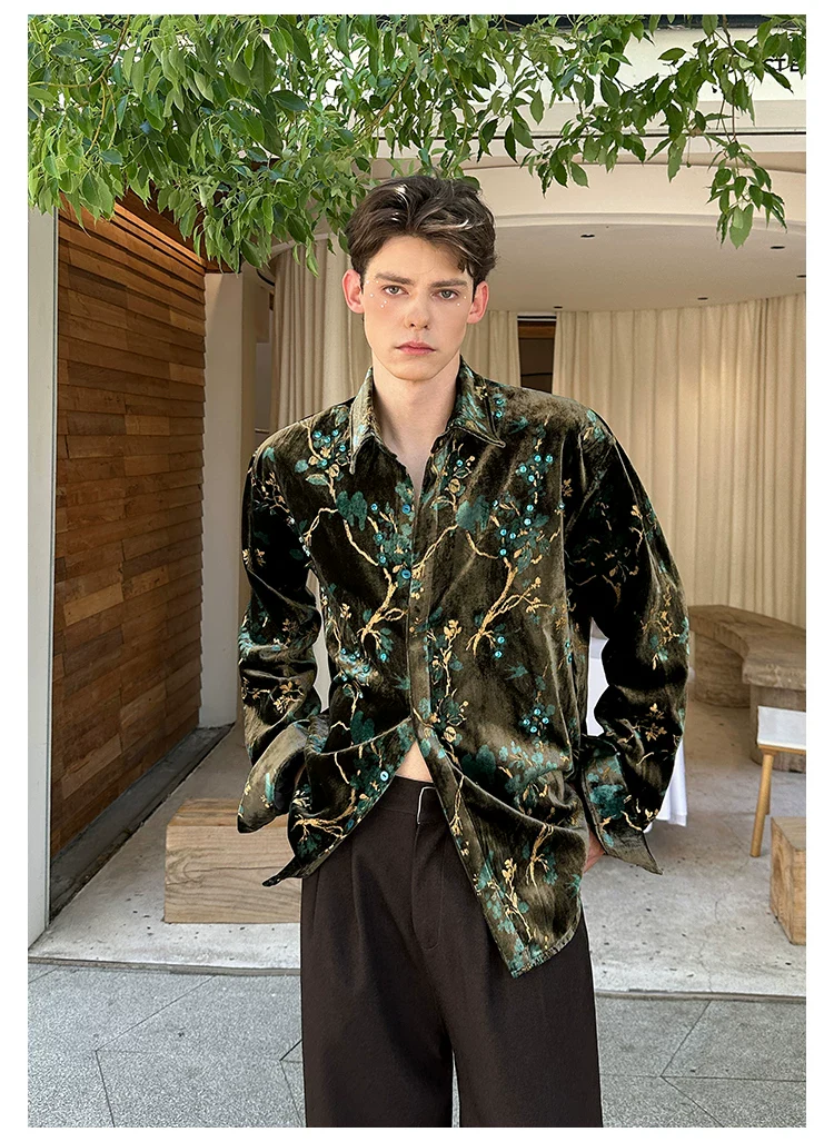 Embroidered Velvet Floral Chinese Style Shirt - Image 3