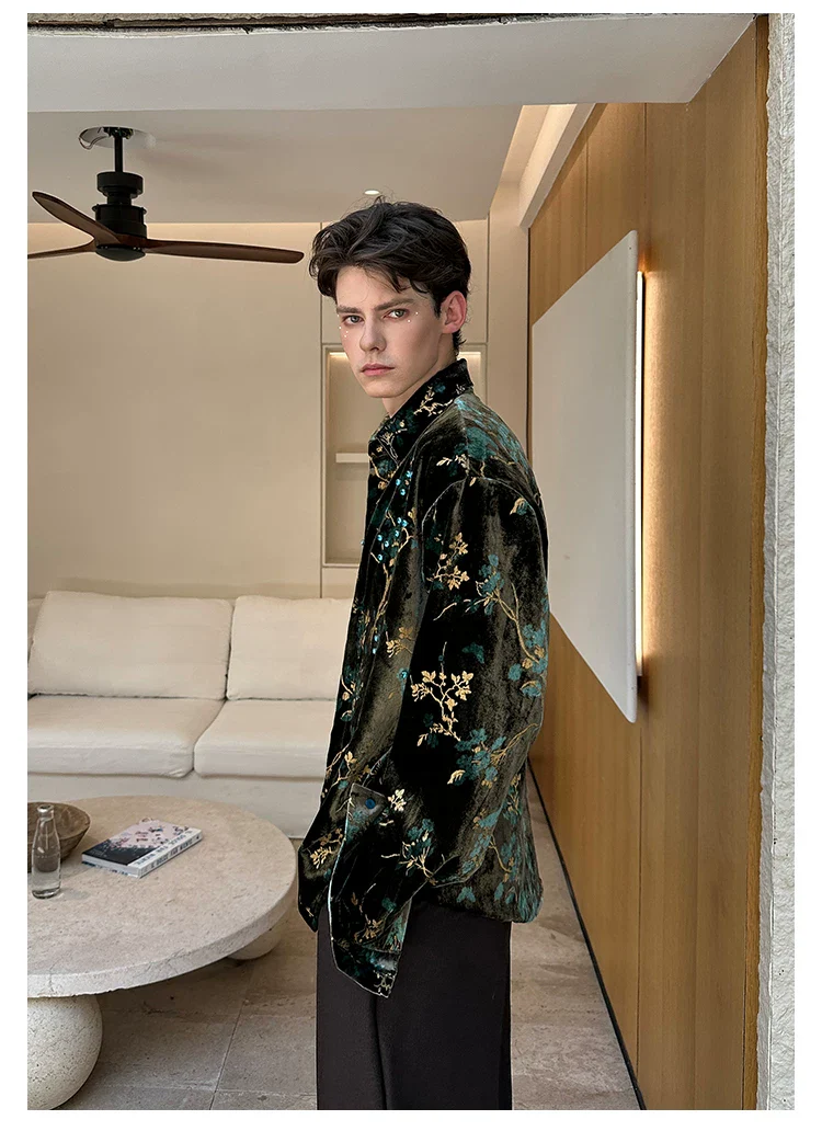 Embroidered Velvet Floral Chinese Style Shirt - Image 6