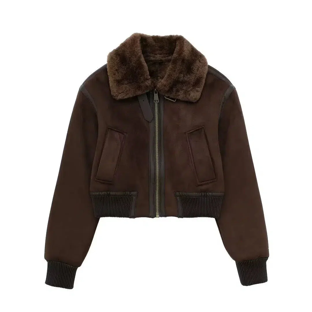 Faux Fur Collar Zip-Up Coat