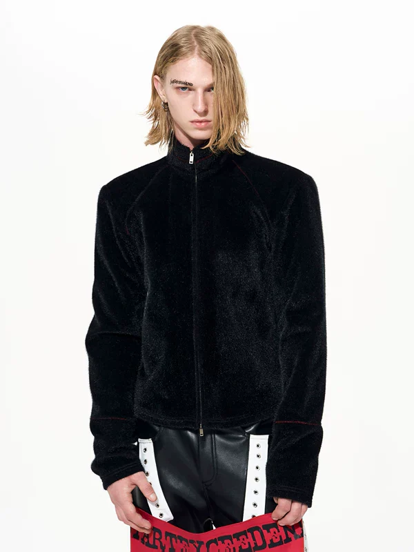 Faux Horsehair Stand Collar Zip Jacket - Image 4