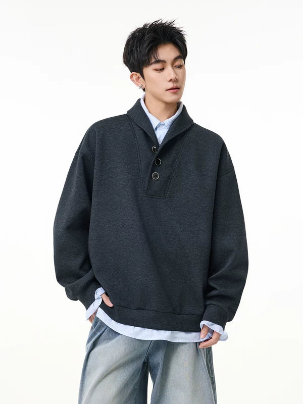 Faux Layered Button Neck Pullover - Image 3