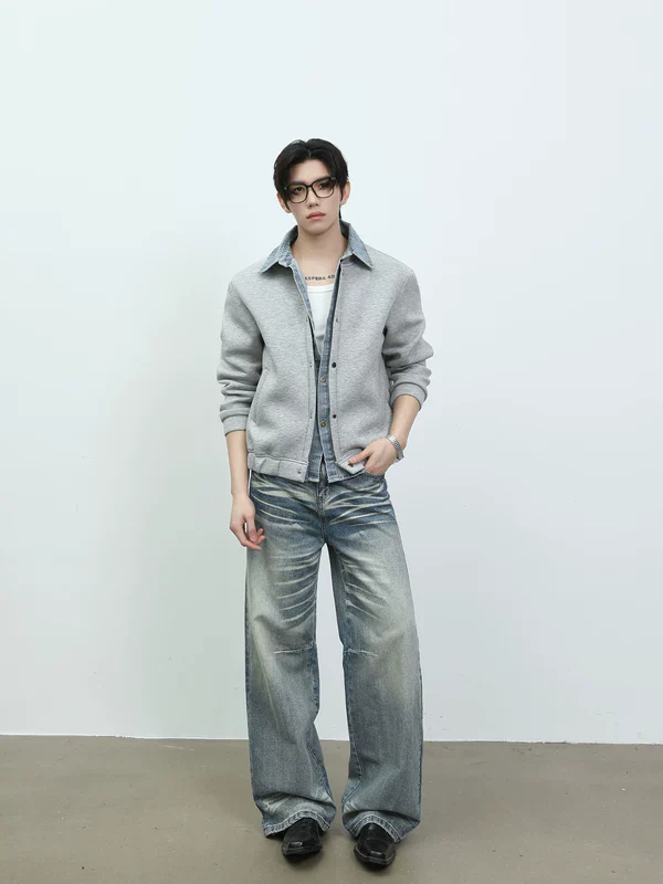 Faux Layered Denim Collar Casual Jacket - Image 5