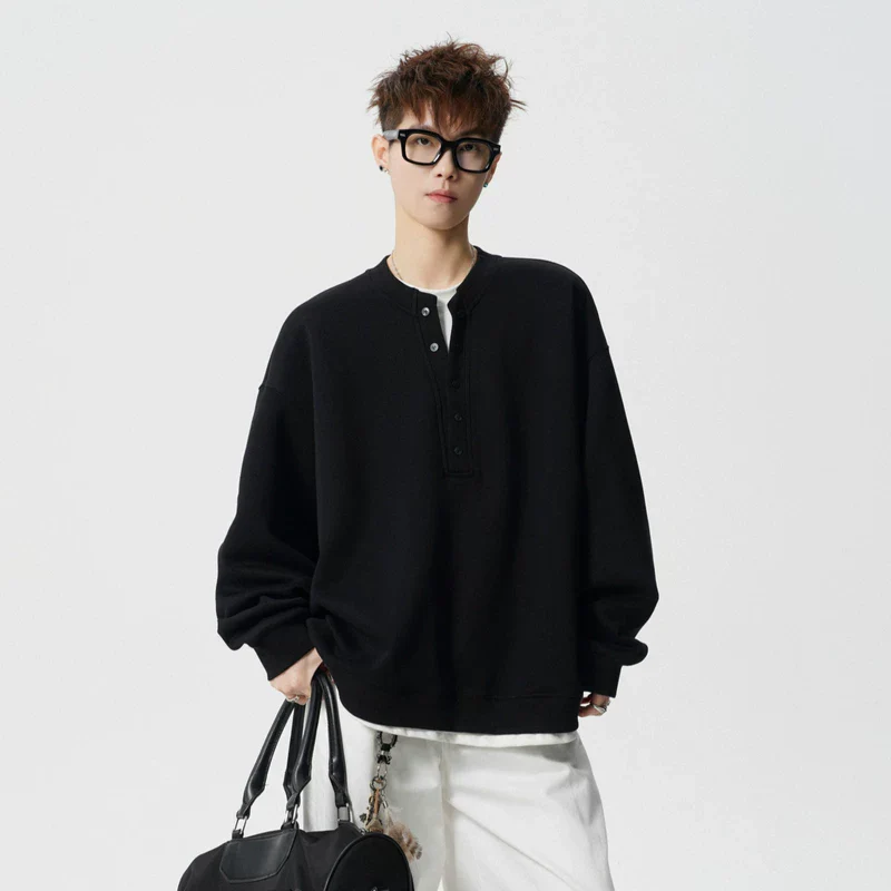 Faux Layered Henley Long Sleeve T-Shirt - Image 2