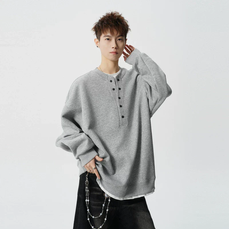 Faux Layered Henley Long Sleeve T-Shirt - Image 3