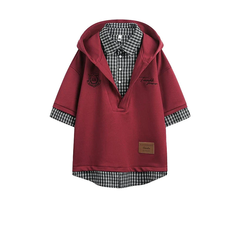 Faux Layered Plaid Patchwork Hooded Shirt - Image 3