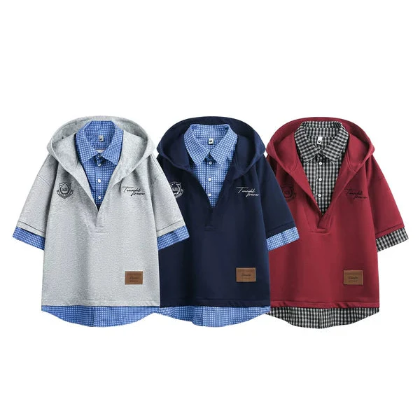 Faux Layered Plaid Patchwork Hooded Shirt - Image 4