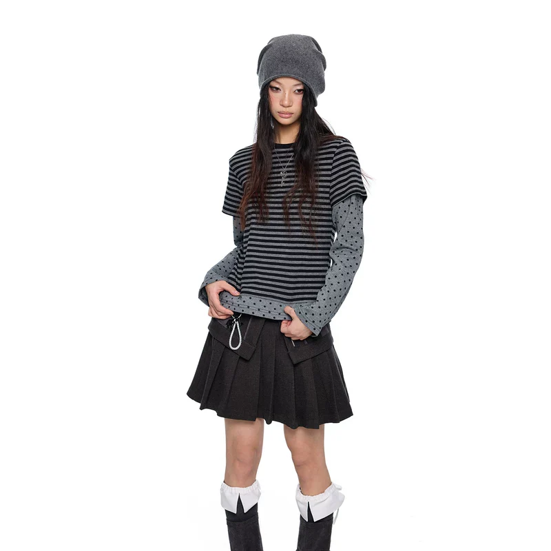 Faux Layered Polka Dot Stripe Long-Sleeve Top