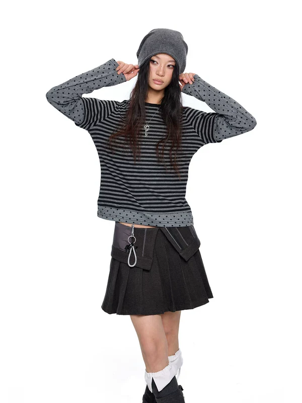 Faux Layered Polka Dot Stripe Long-Sleeve Top - Image 2