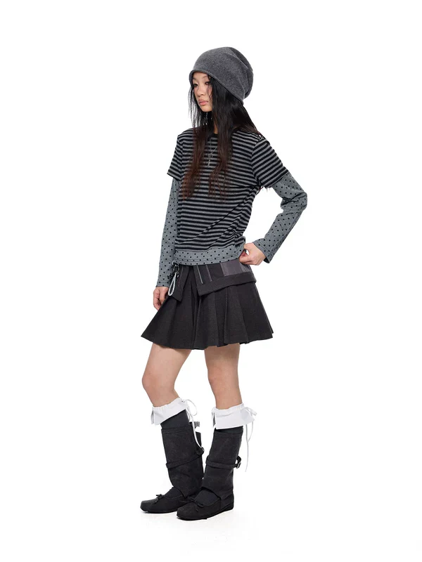 Faux Layered Polka Dot Stripe Long-Sleeve Top - Image 3