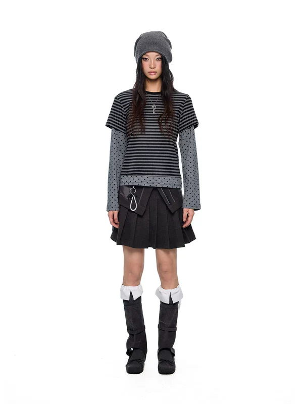 Faux Layered Polka Dot Stripe Long-Sleeve Top - Image 4
