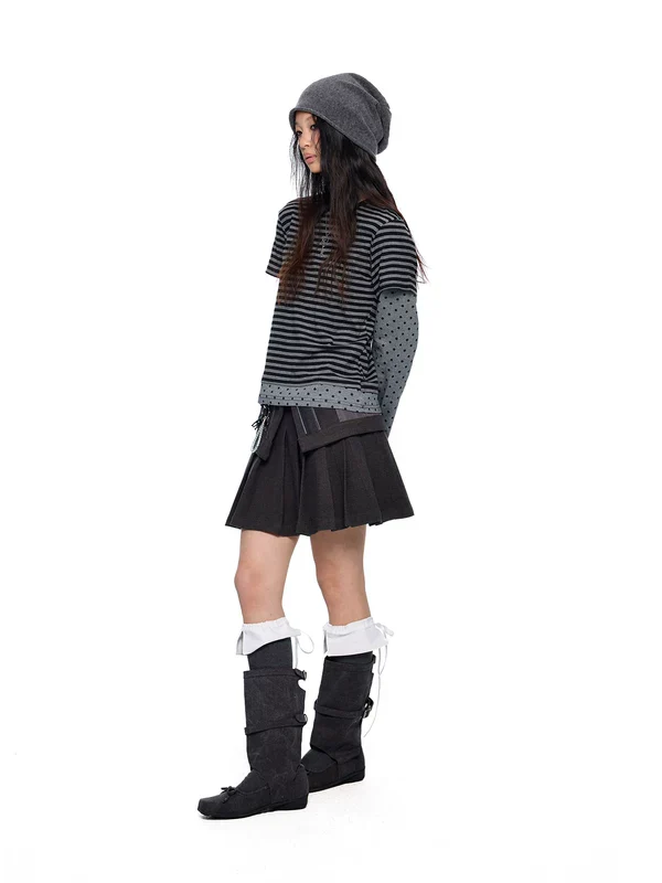 Faux Layered Polka Dot Stripe Long-Sleeve Top - Image 5