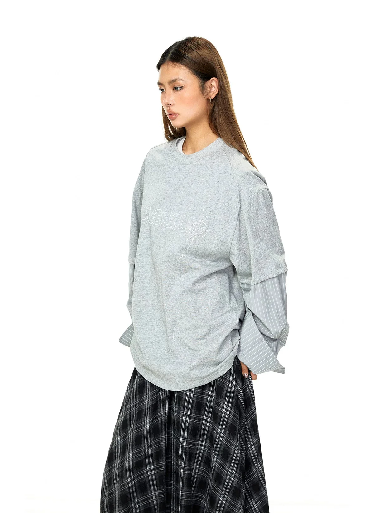 Layered Striped Sleeve Graphic Pullover - Image 6