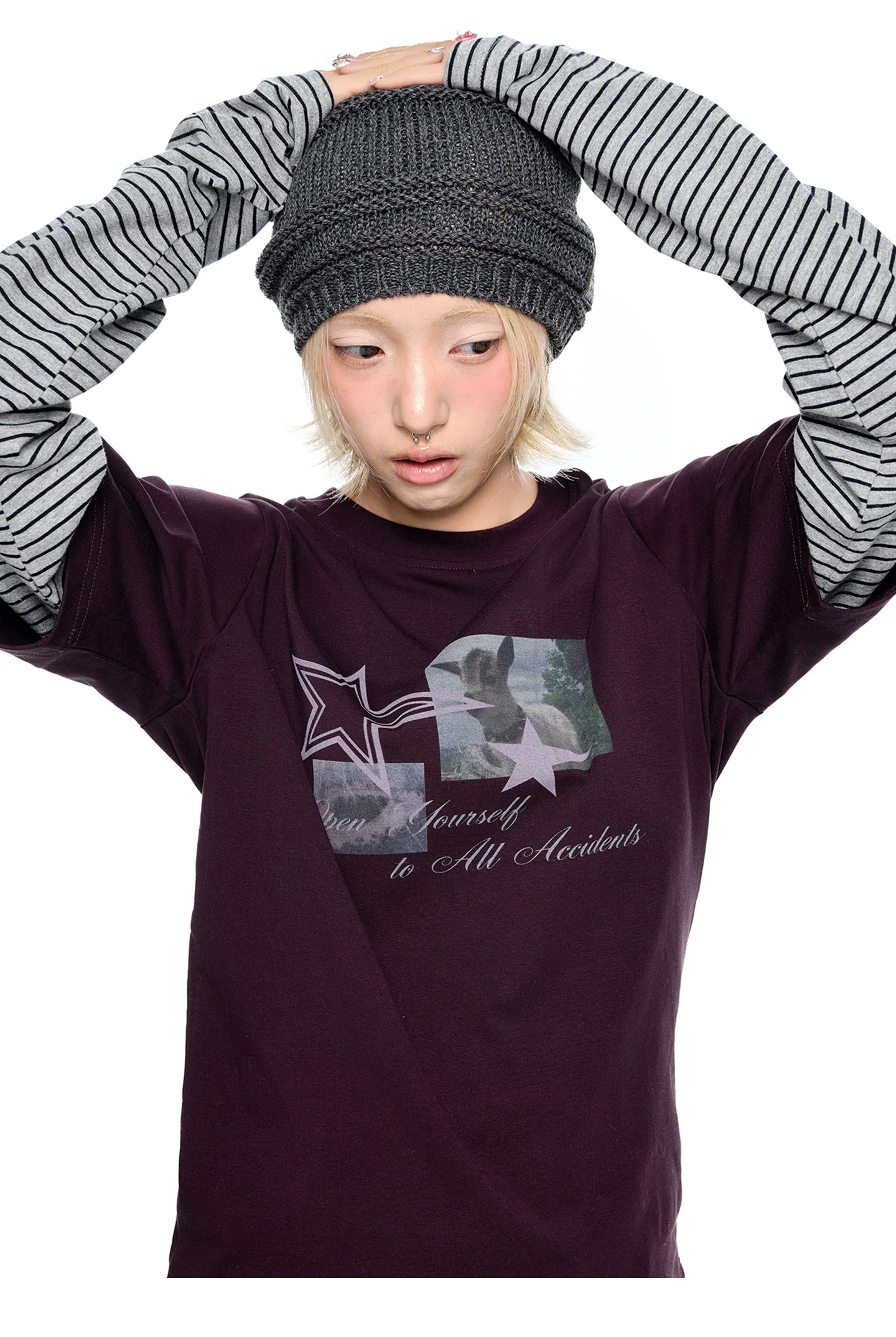 Faux Layered Striped Sleeve Graphic Top - Image 3