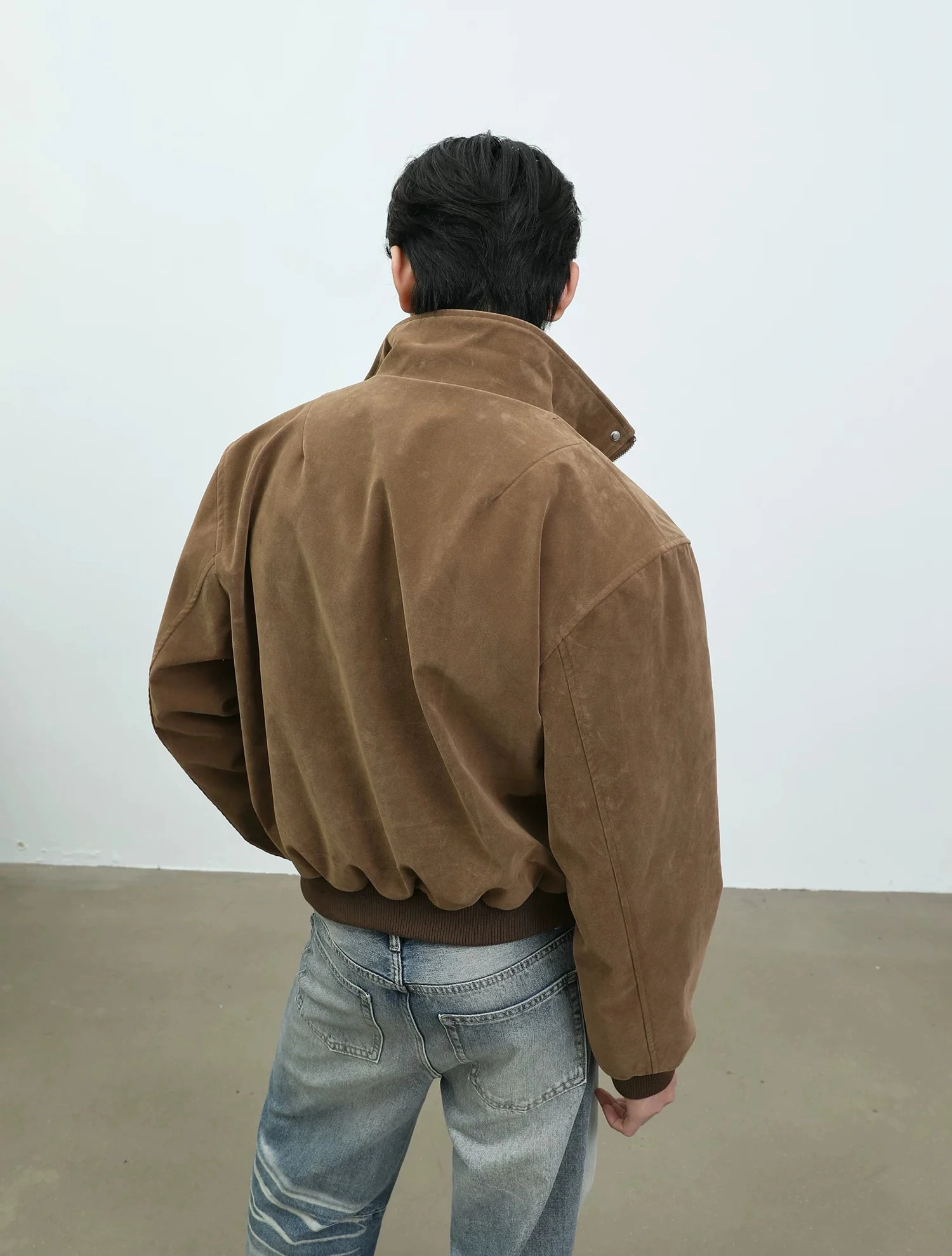 Faux Suede Stand Collar Harrington Jacket - Image 5