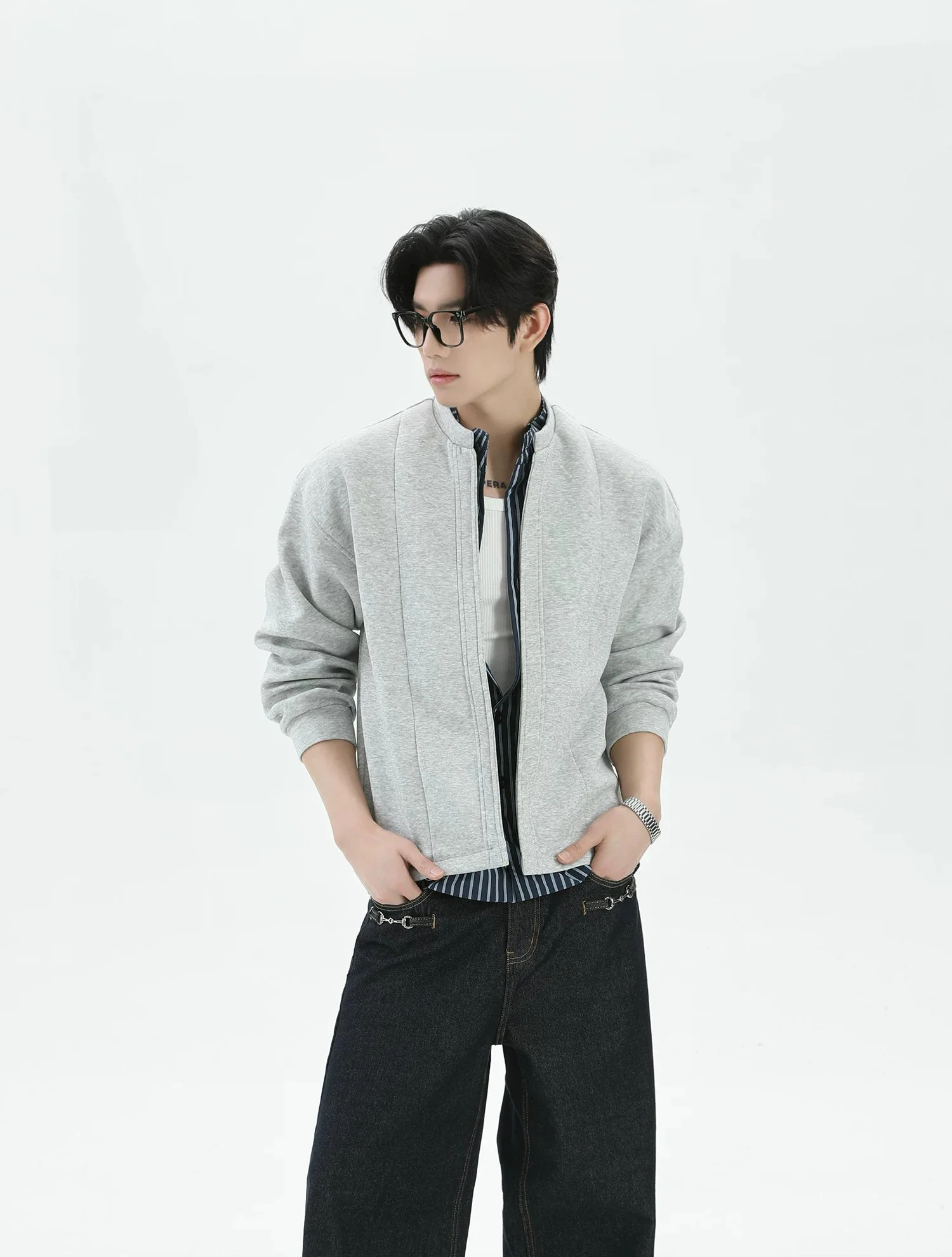 Faux Two-Piece Stand Collar Bomber Jacket