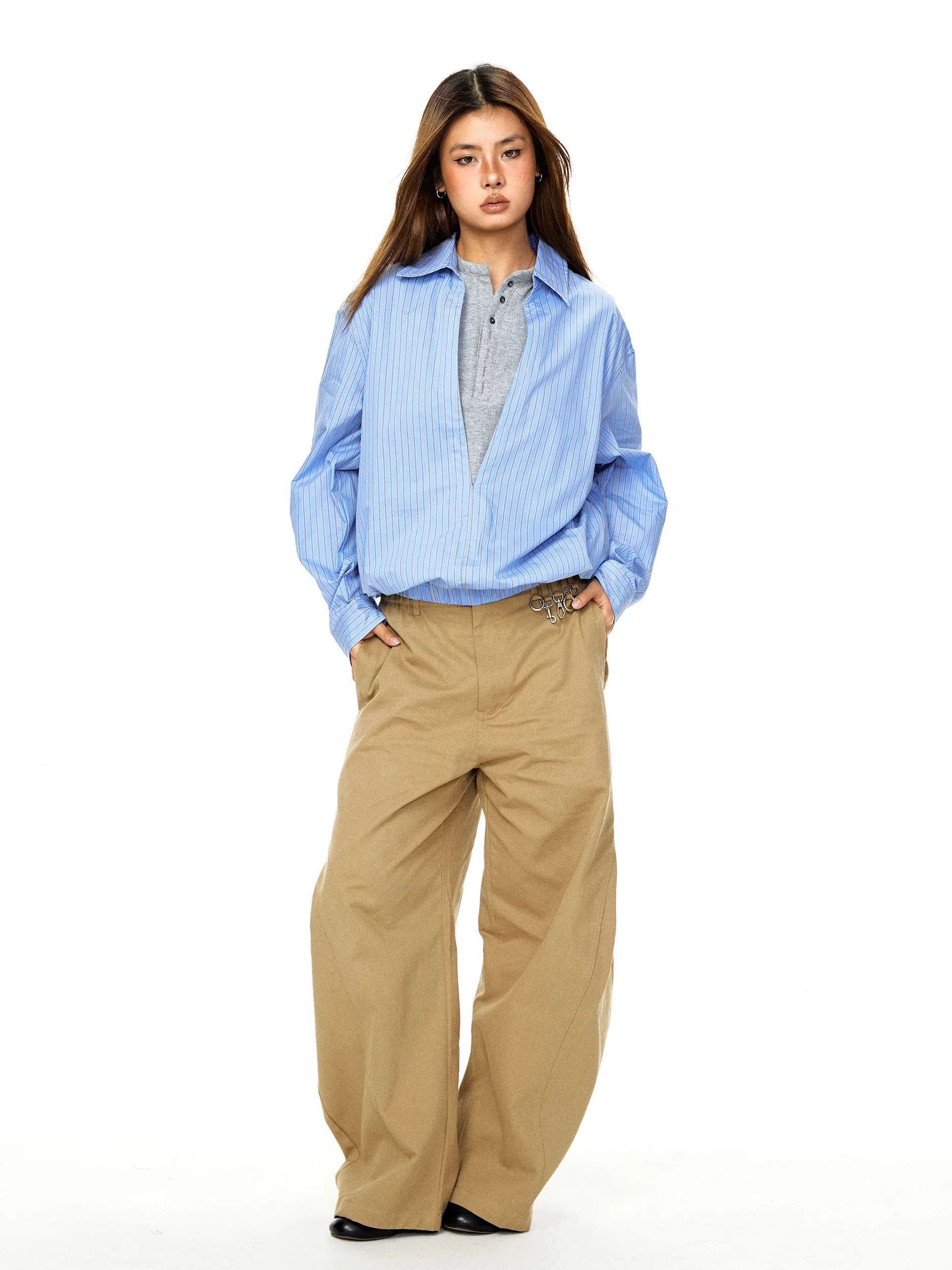 Faux Two-Piece Striped Long Sleeve Shirt - Image 6