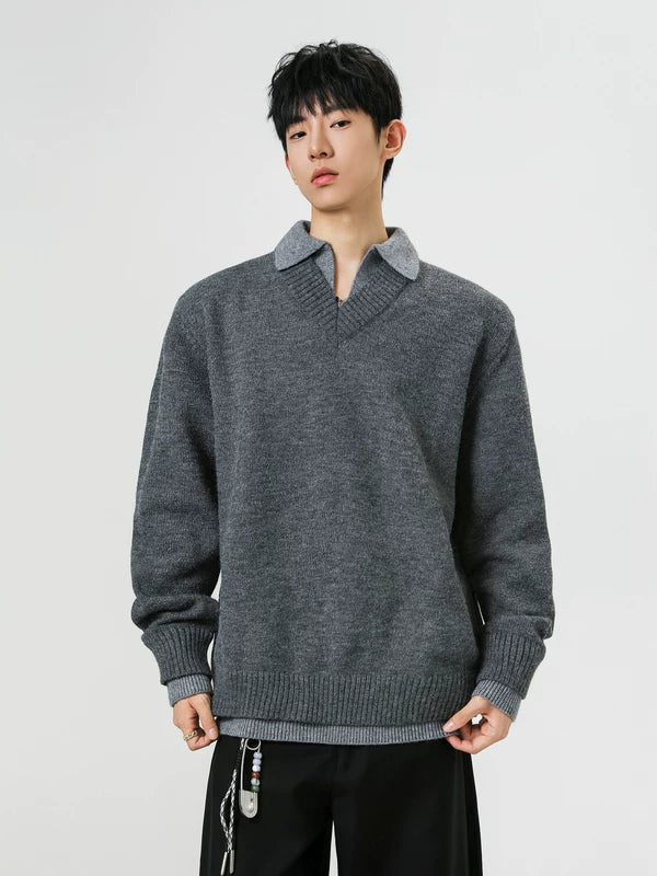 Faux Two-Piece V-Neck Knit Sweater - Image 3