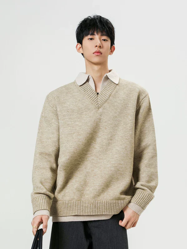 Faux Two-Piece V-Neck Knit Sweater - Image 4